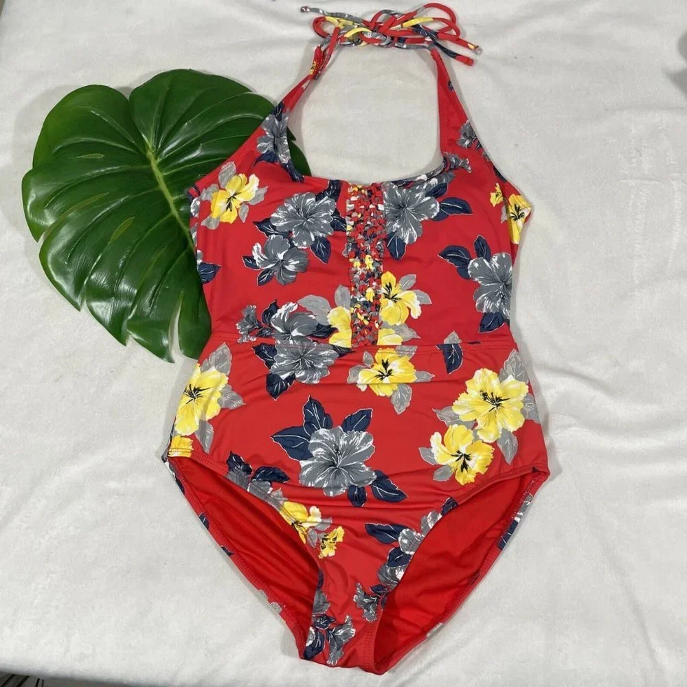 NWT $89 Ambrielle‎ Hawaiian Floral One Piece Swimsuit in Red [SZ Medium ] #3902